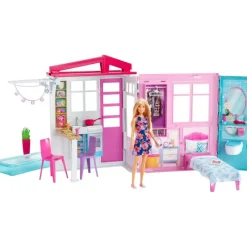 Barbie Casa Plegable con Muñeca y Accesorios> Muñecas