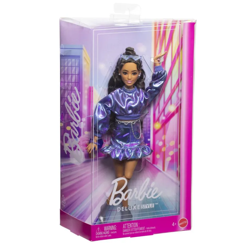 Barbie Deluxe Style nº 7 Muñeca Morena con Conjunto de Ropa Azul Metalizado y Accesorios> Muñecas