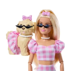 Barbie Twinning Looks nº 5 Muñeca Rubia con Conjunto de Ropa Rosa, Perrito y Accesorios> Muñecas