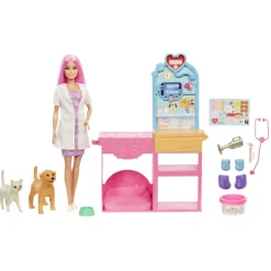 Barbie y su Clínica Veterinaria Muñeca con Pelo Rosa, Muebles de Consulta y Accesorios> Muñecas